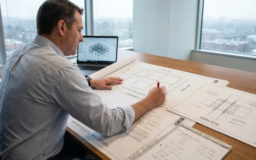 engineer reviewing steel building structural drawings with wind load and seismic design details