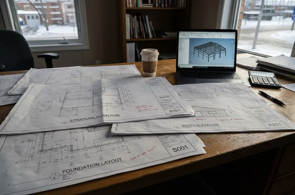 steel building construction site showing coordination between structure and site conditions for permit approval