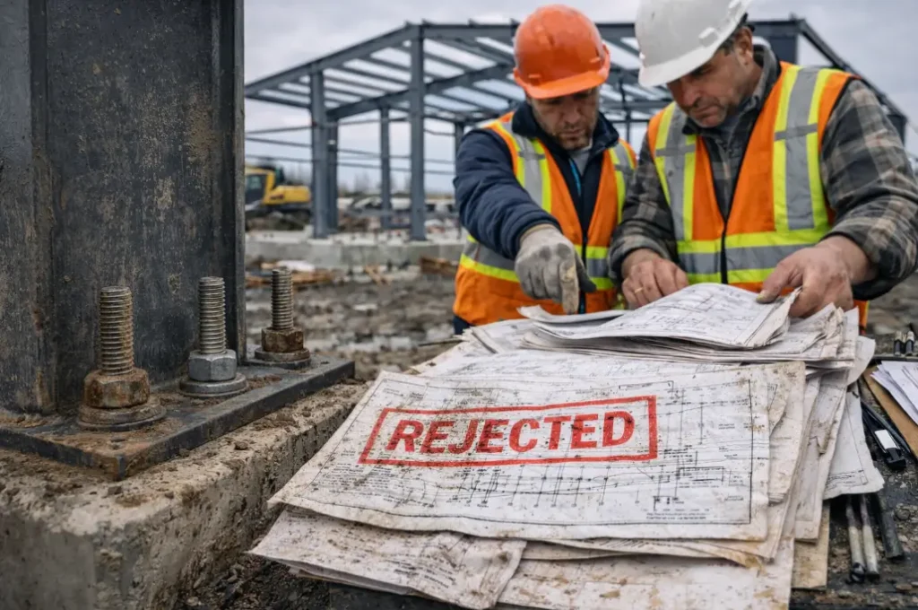 steel building permit rejected drawings being reviewed on construction site
