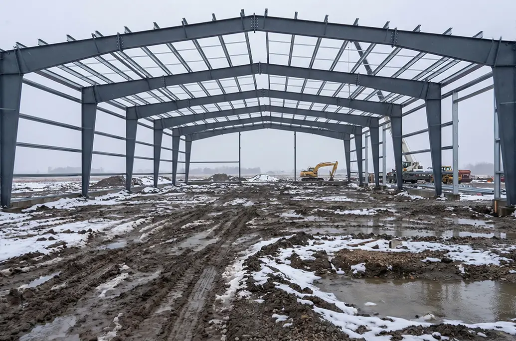 steel building frame under construction showing site conditions and foundation load considerations