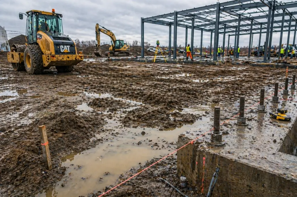 steel building construction site with poor soil conditions and water accumulation before foundation stabilization