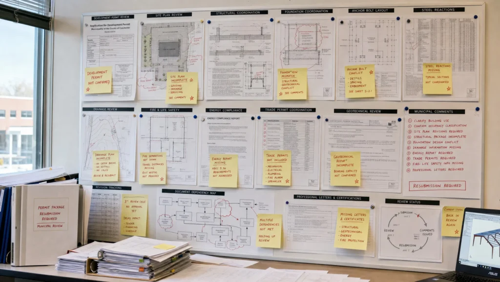 Nova Scotia steel building permit rejection board showing site plan foundation anchor bolt and steel reaction issues