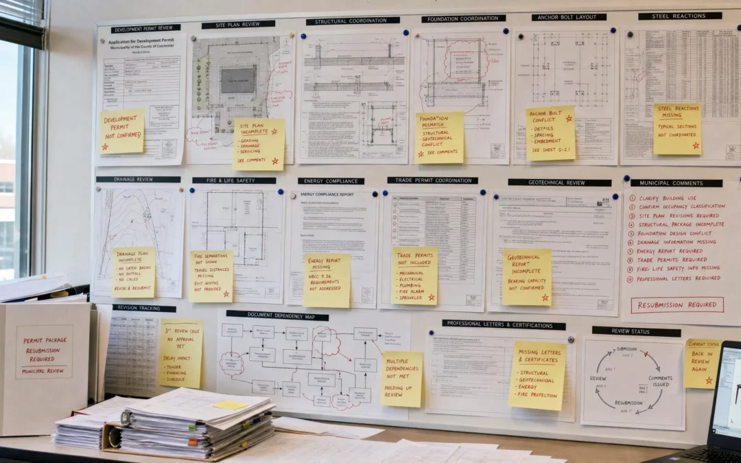 Nova Scotia steel building permit rejection board showing site plan foundation anchor bolt and steel reaction issues