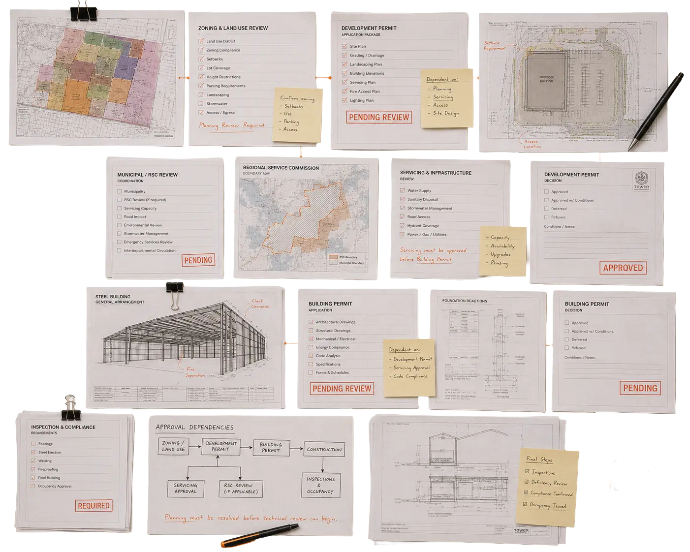Development permit and building permit workflow for a New Brunswick steel building project.