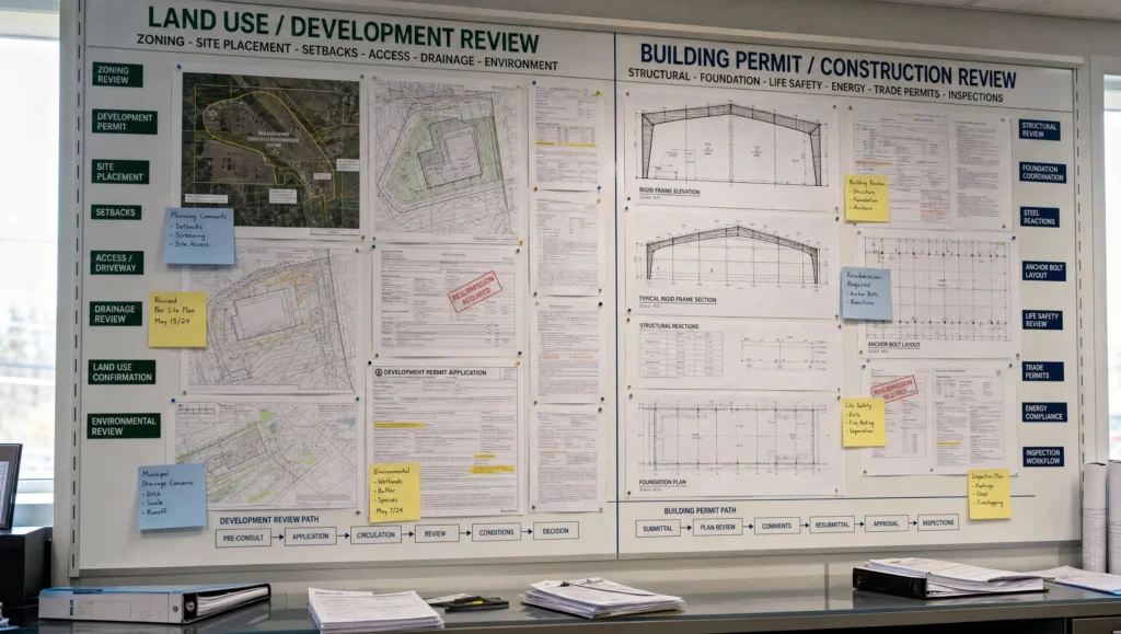 Development permit vs building permit Nova Scotia workflow showing land use review and construction review