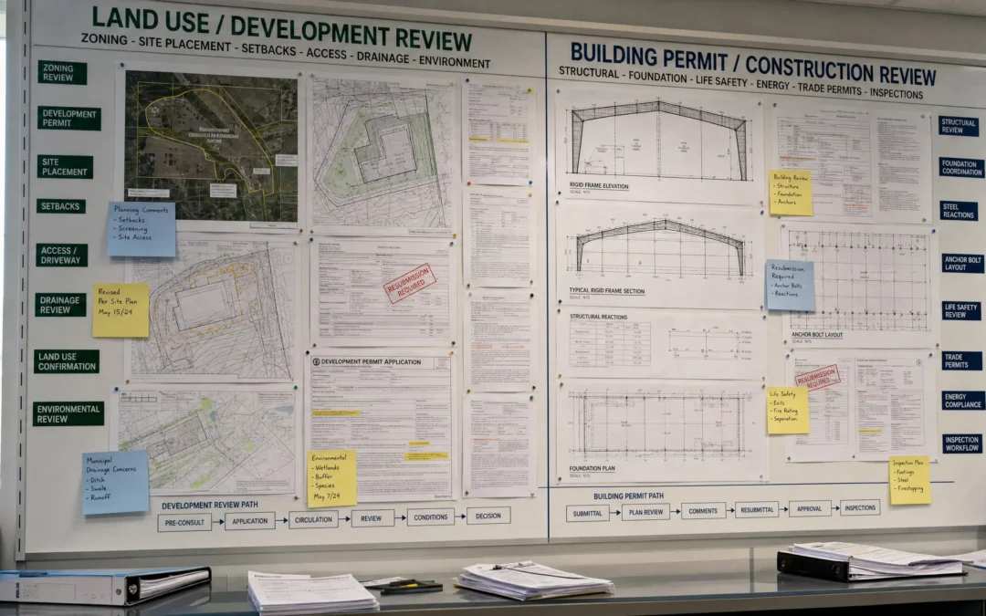 Development permit vs building permit Nova Scotia workflow showing land use review and construction review