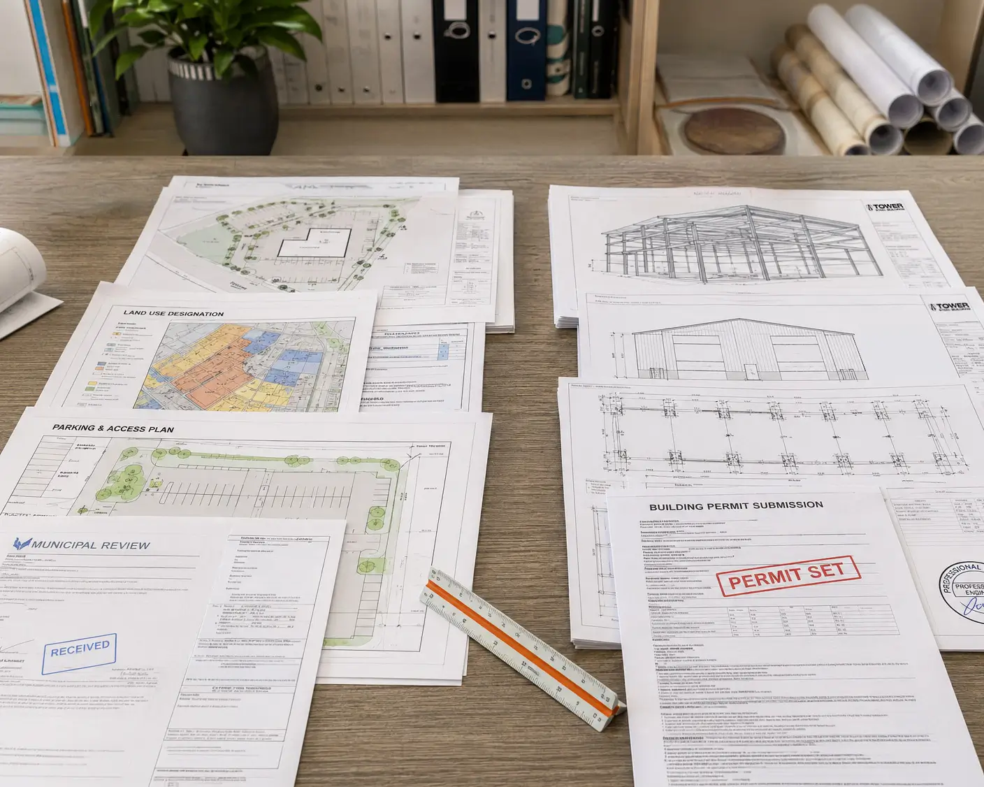 Development permit and building permit documents for a Nova Scotia steel building project with site plan and structural drawings