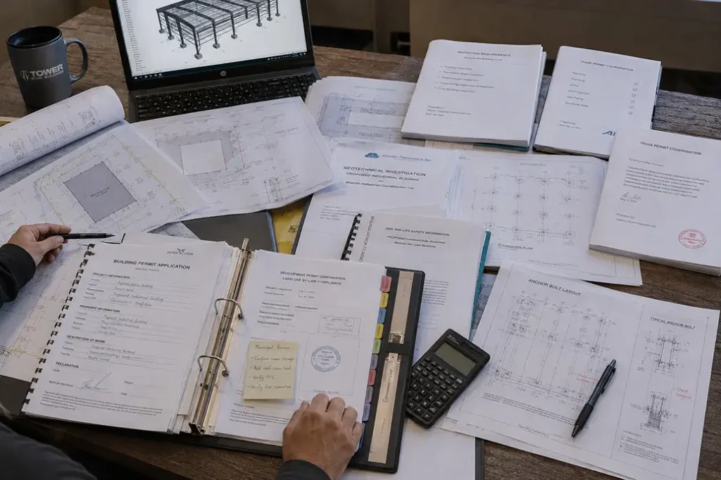 Nova Scotia steel building permit documents with site plan structural drawings foundation plan and application forms