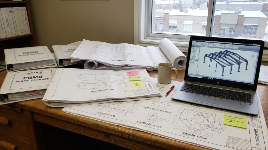 Ontario steel building permit documents including structural drawings site plans and permit package