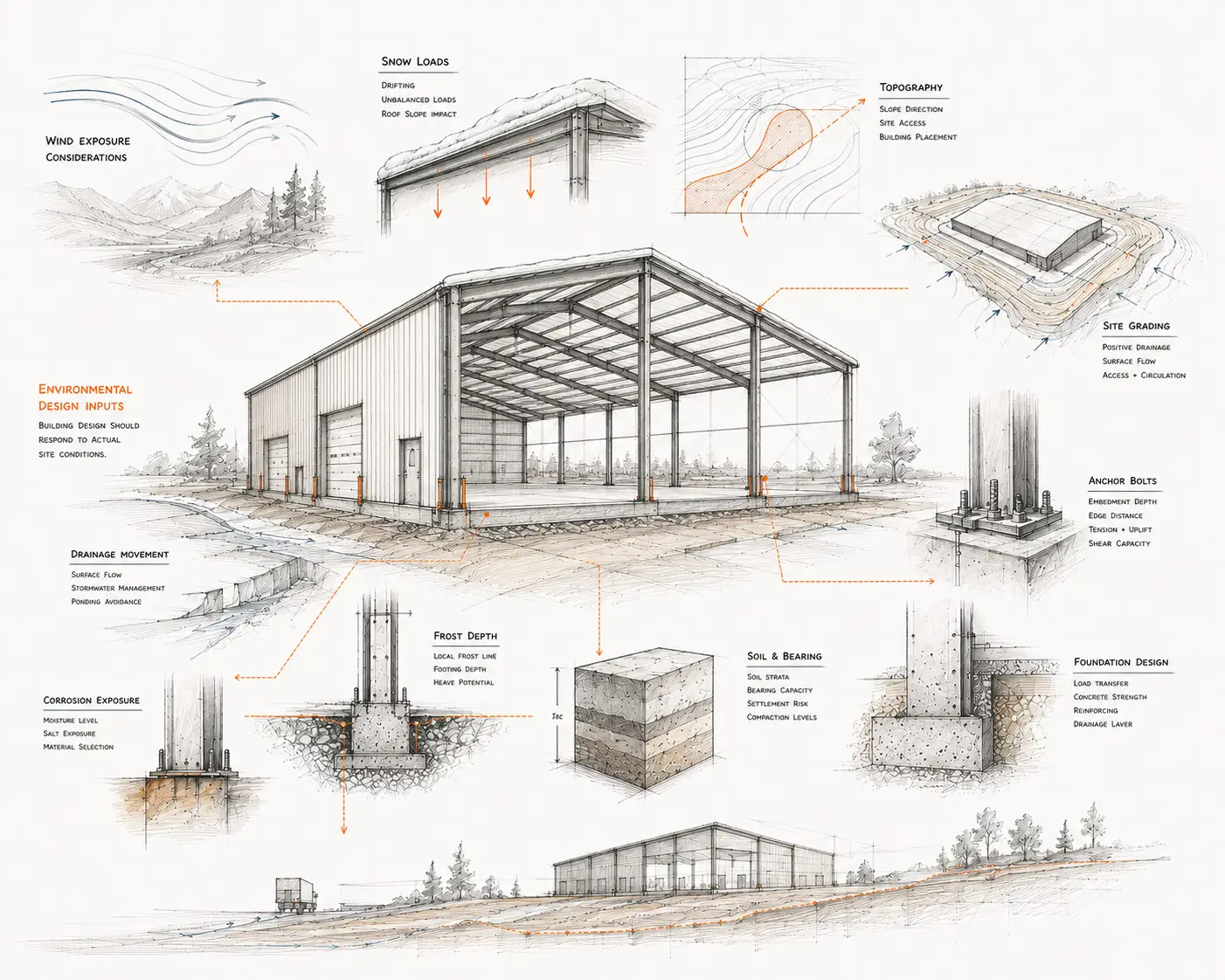 Steel building design diagram showing wind, snow, drainage, frost depth, soil bearing, anchor bolts, and foundation design.