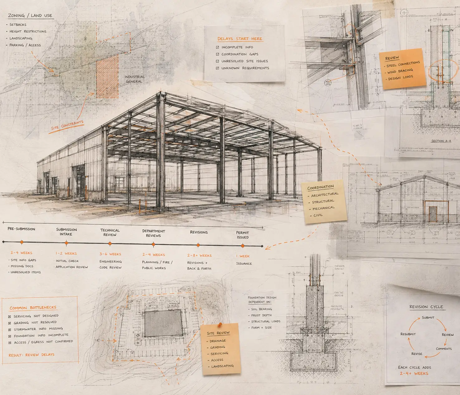 New Brunswick steel building permit timeline showing review stages, revisions, site issues, and permit issuance.