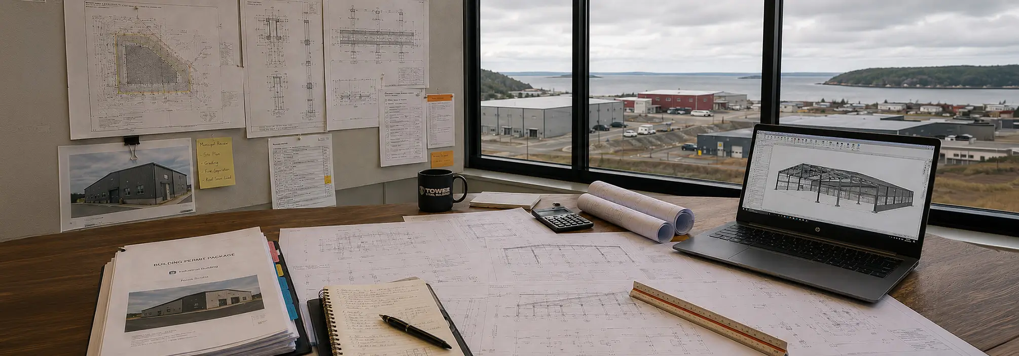 Nova Scotia steel building permit review with structural drawings, foundation plans, and coastal industrial site conditions