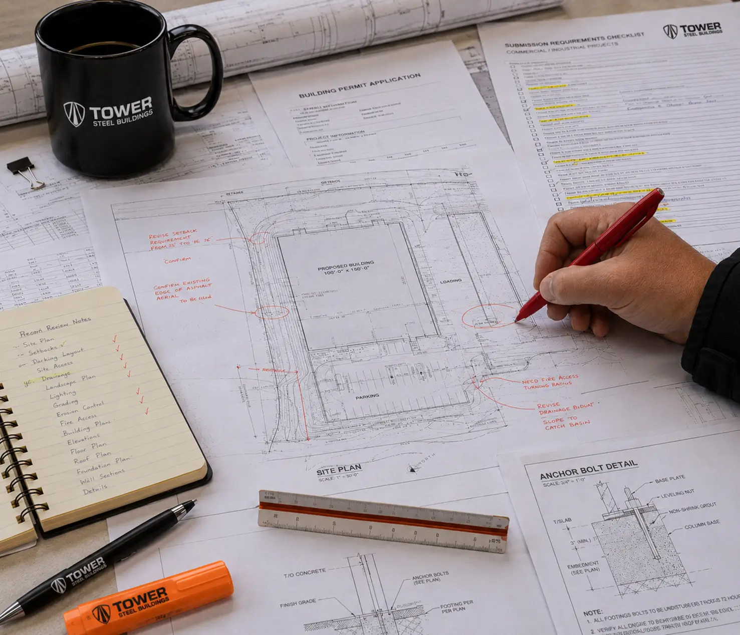 Permit review desk with site plan, application checklist, anchor bolt detail, and redline comments.