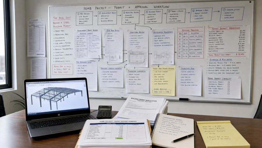 Steel building permit cost Nova Scotia workflow with engineering drawings permit budget and approval planning