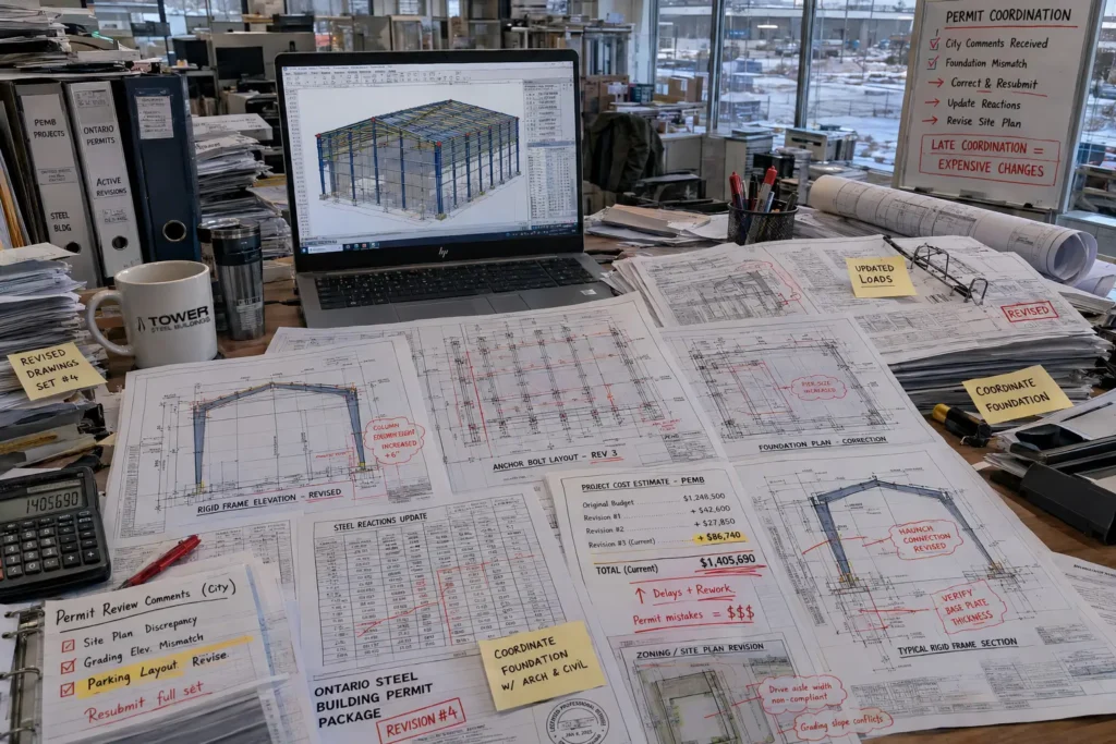Ontario steel building permit cost coordination with revised drawings engineering and permit review documents