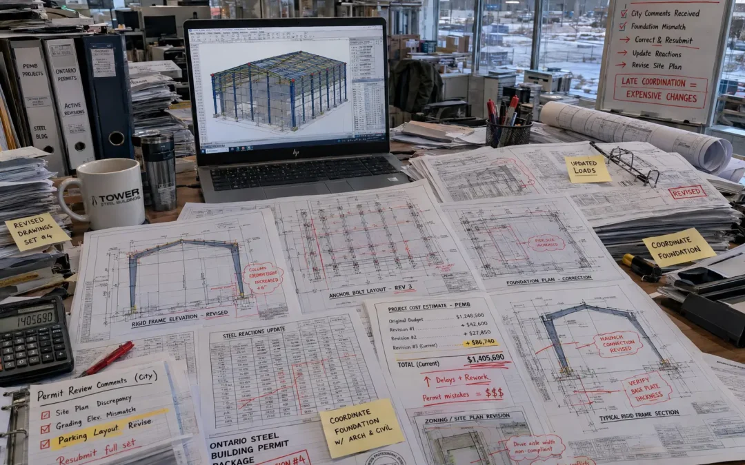 Ontario steel building permit cost coordination with revised drawings engineering and permit review documents