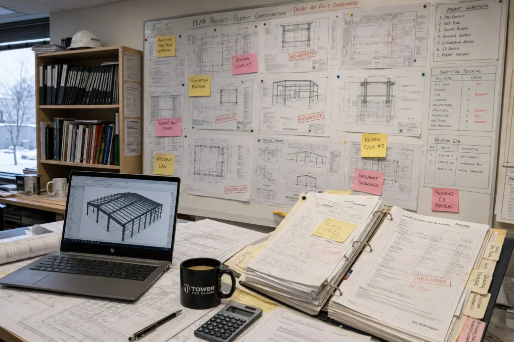 Ontario steel building permit coordination review showing incomplete drawings revision cycles and permit delay tracking