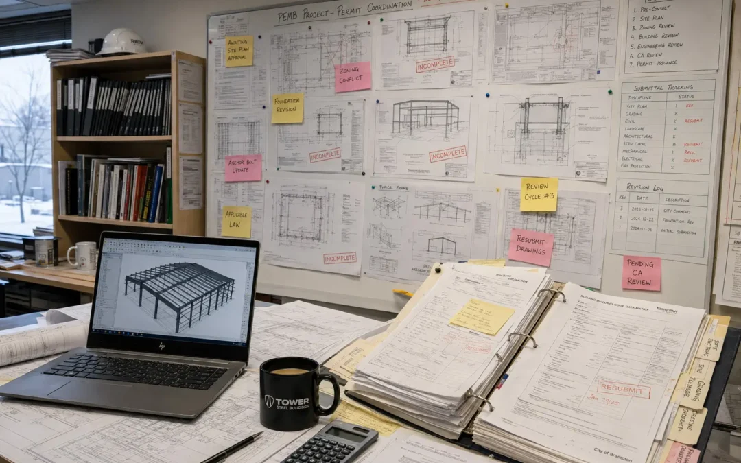 Ontario steel building permit coordination review showing incomplete drawings revision cycles and permit delay tracking