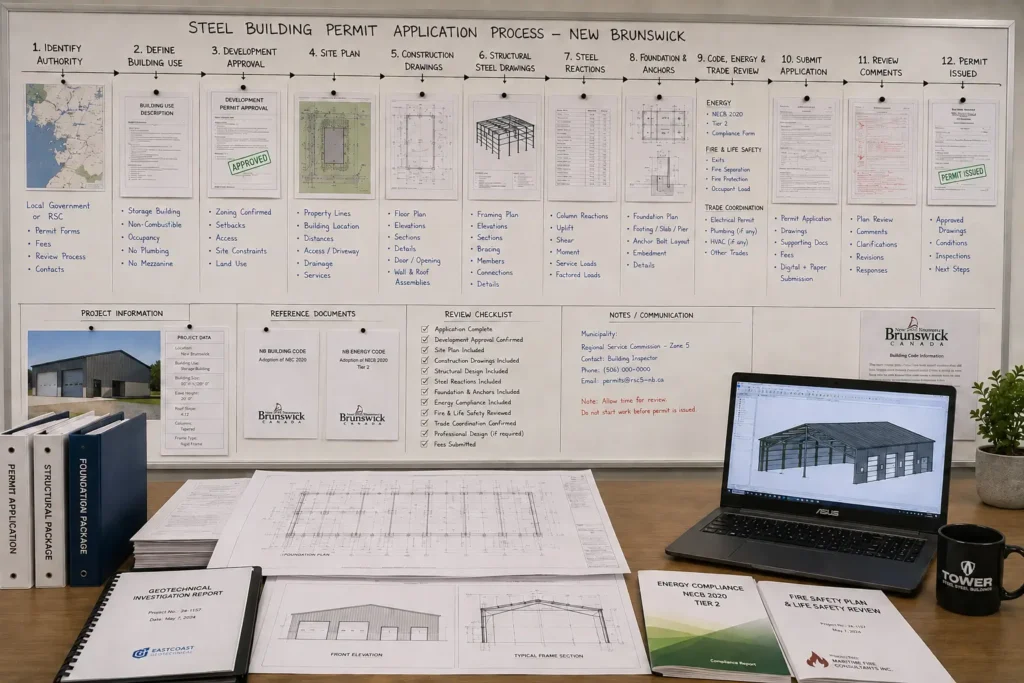 New Brunswick steel building permit application process with site plan foundation reactions anchors and approval steps