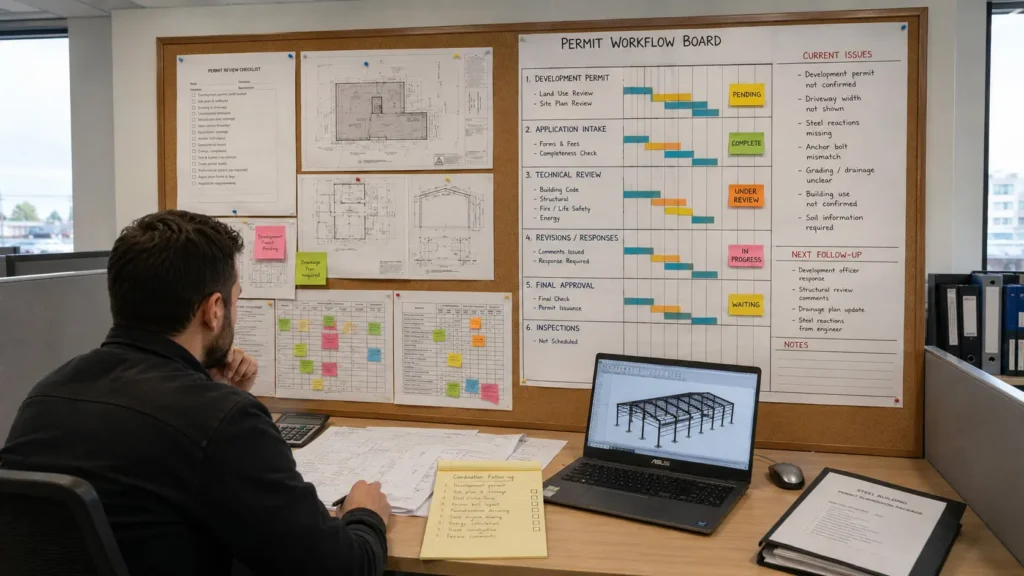 Nova Scotia steel building permit rejection review showing missing reactions foundation mismatch and site plan issues