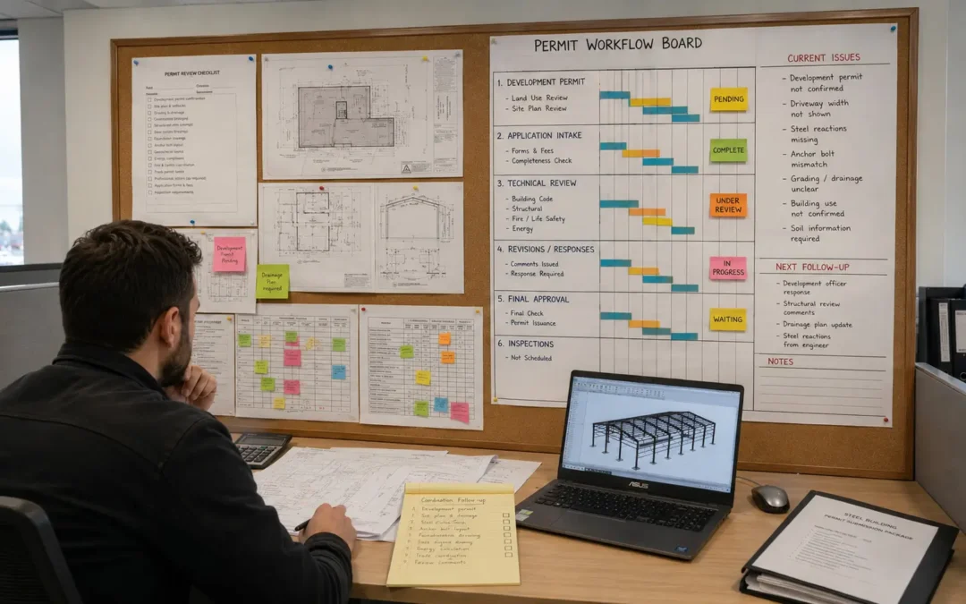 Nova Scotia steel building permit rejection review showing missing reactions foundation mismatch and site plan issues