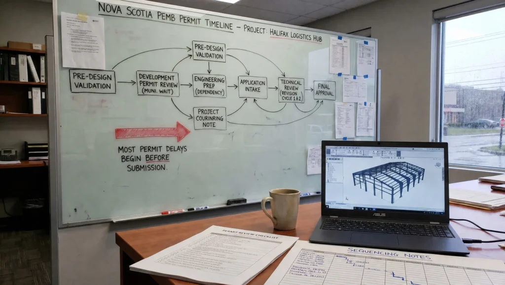 Nova Scotia steel building permit timeline workflow showing approval stages review cycles and structural model