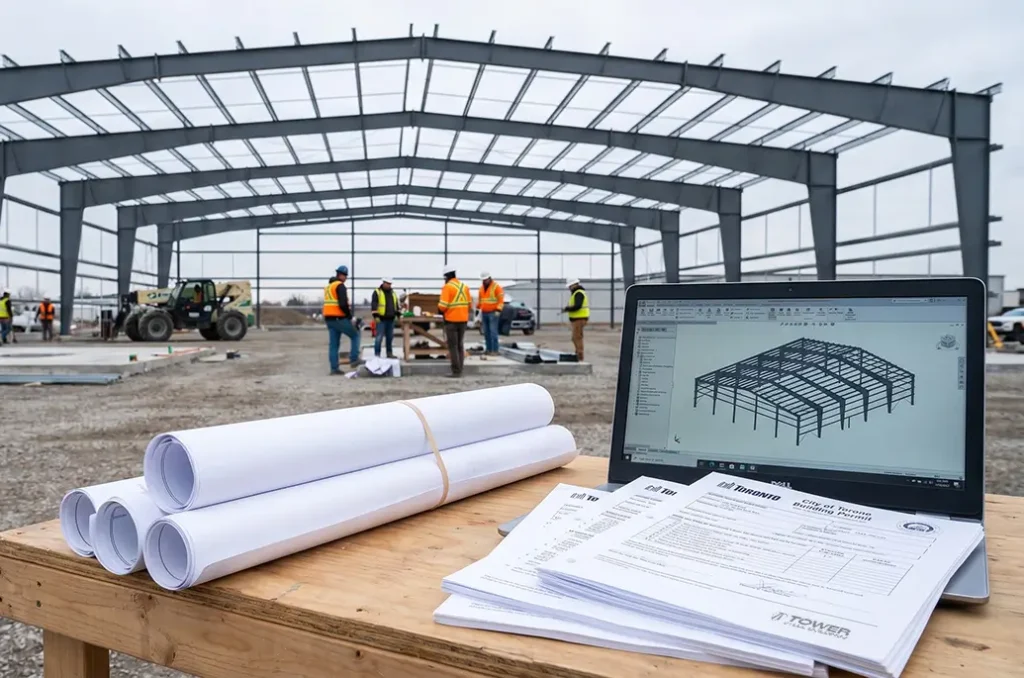 steel building permit timeline Ontario construction site with structural frame and drawings