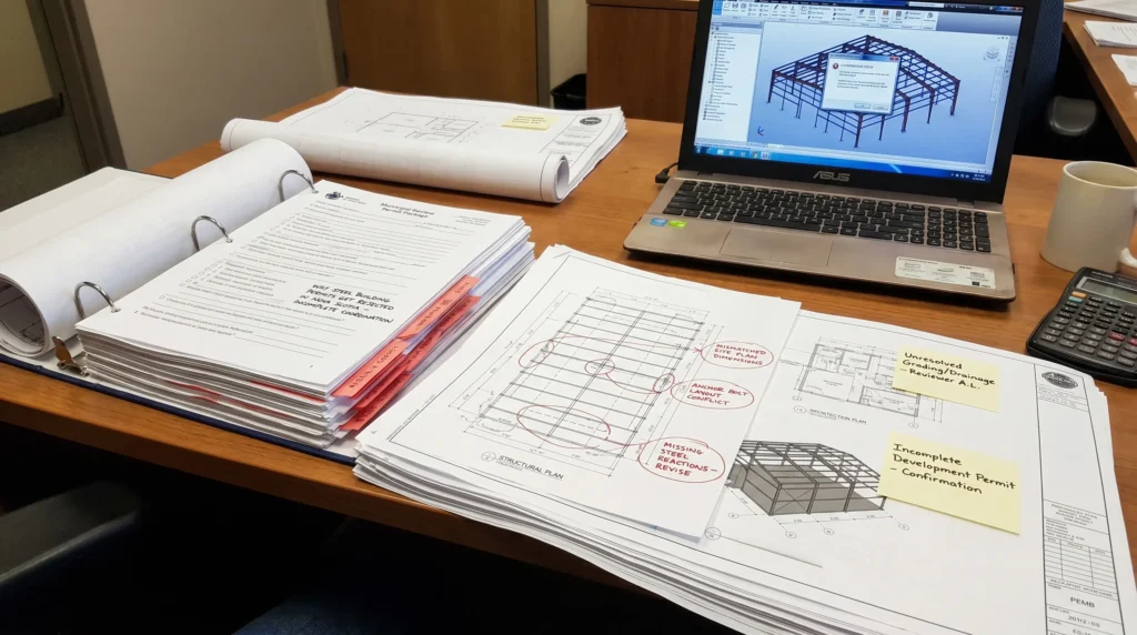 Nova Scotia steel building permit delay review with foundation notes and unresolved site plan issues