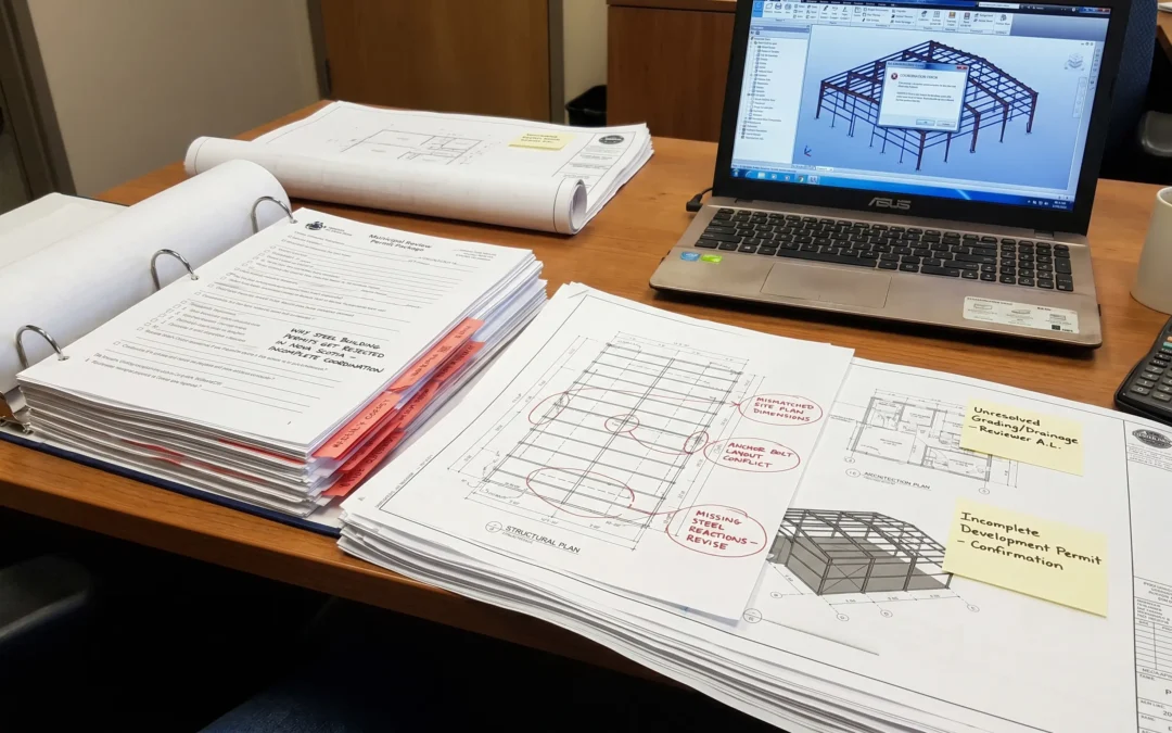 Nova Scotia steel building permit delay review with foundation notes and unresolved site plan issues