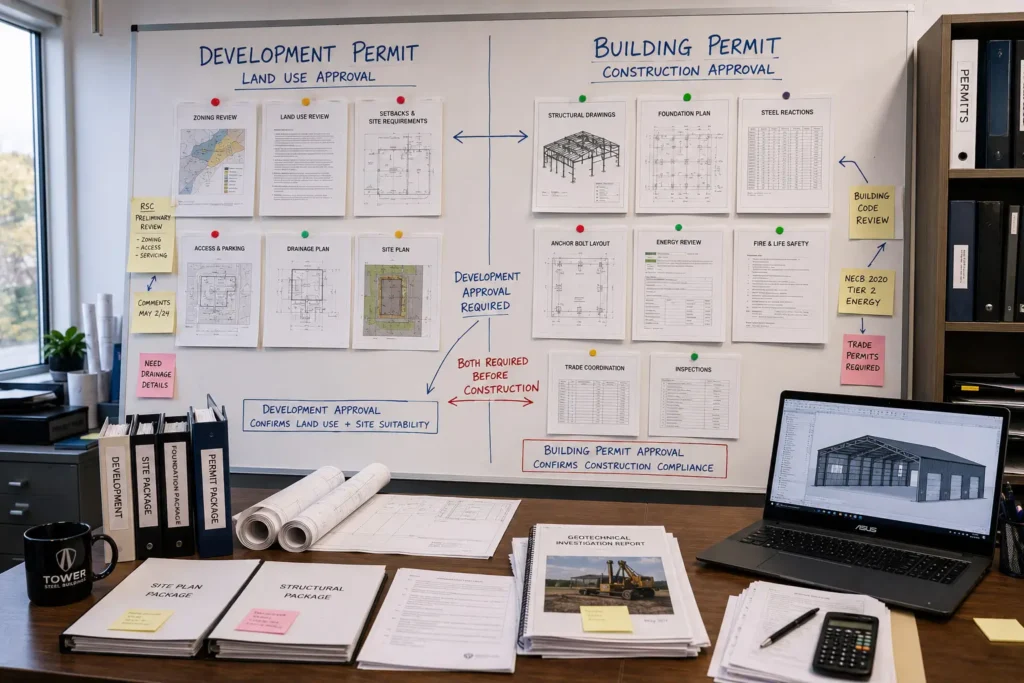 New Brunswick development permit and building permit comparison for steel buildings showing land use site plans foundations reactions trades and inspections