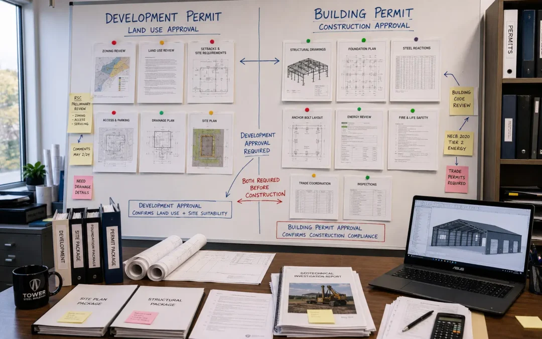 New Brunswick development permit and building permit comparison for steel buildings showing land use site plans foundations reactions trades and inspections
