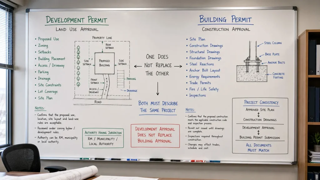 Saskatchewan development permit vs building permit comparison showing land use approval construction review site plan foundation and inspections
