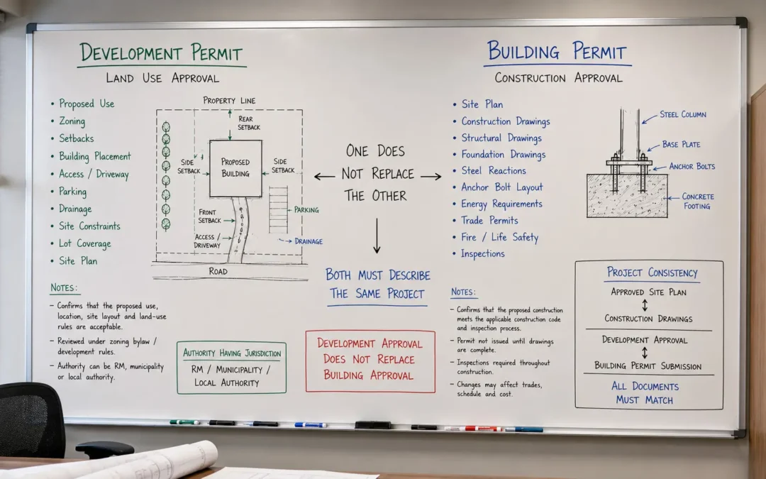 Saskatchewan development permit vs building permit comparison showing land use approval construction review site plan foundation and inspections