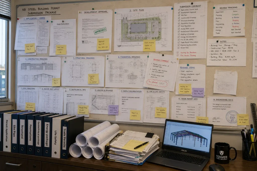New Brunswick steel building permit submission package with site plan foundation drawings reactions anchors and review checklist