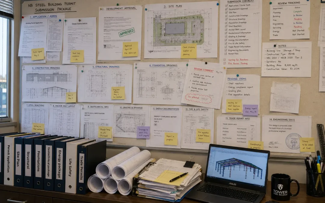 New Brunswick steel building permit submission package with site plan foundation drawings reactions anchors and review checklist