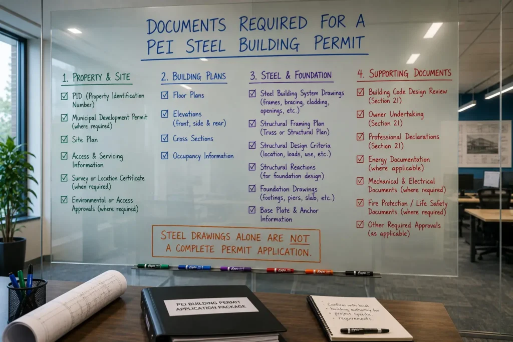 PEI steel building permit document checklist with site plans building drawings foundations structural reactions professional forms and approvals