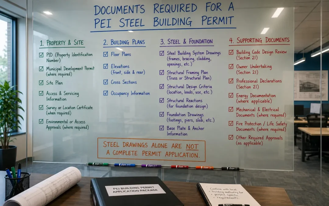 PEI steel building permit document checklist with site plans building drawings foundations structural reactions professional forms and approvals