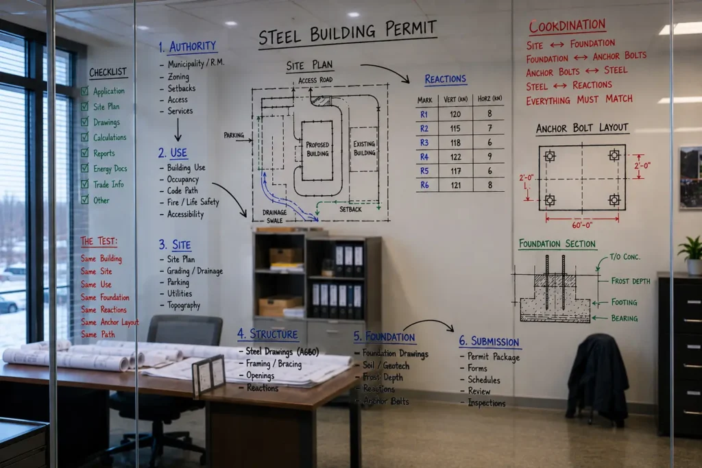 Saskatchewan steel building permit documents showing site plan reactions foundation section anchor bolt layout and submission checklist