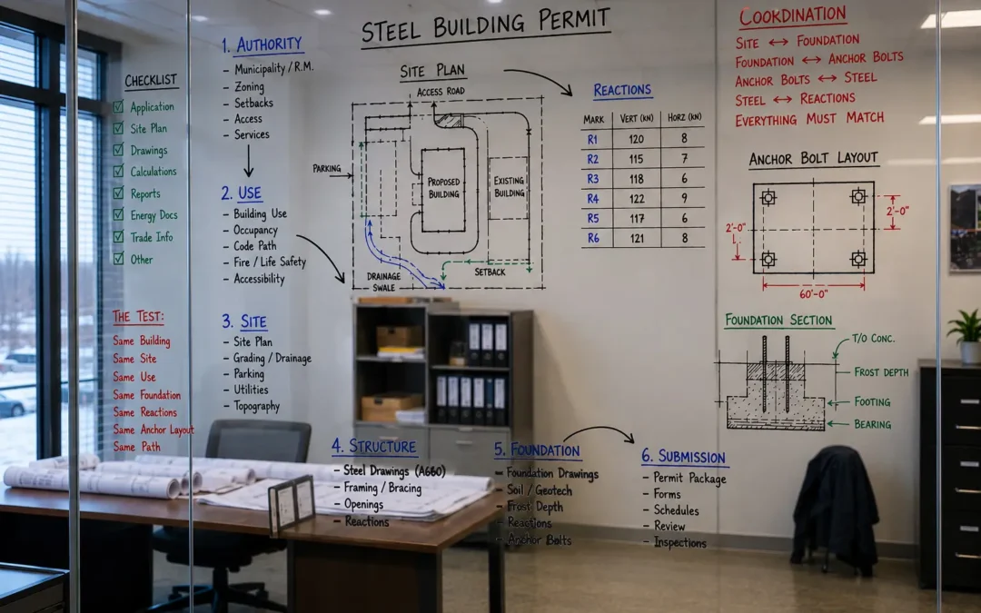 Saskatchewan steel building permit documents showing site plan reactions foundation section anchor bolt layout and submission checklist