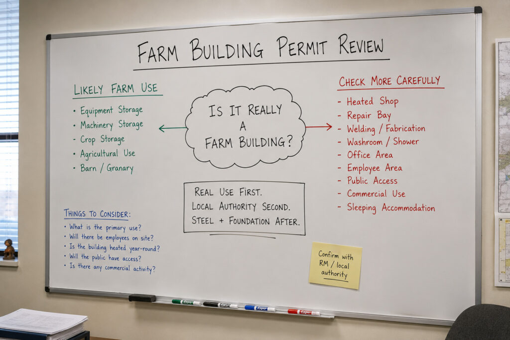 Saskatchewan farm building permit review board asking if a steel building is really farm use with shop repair office public access and sleeping accommodation checks