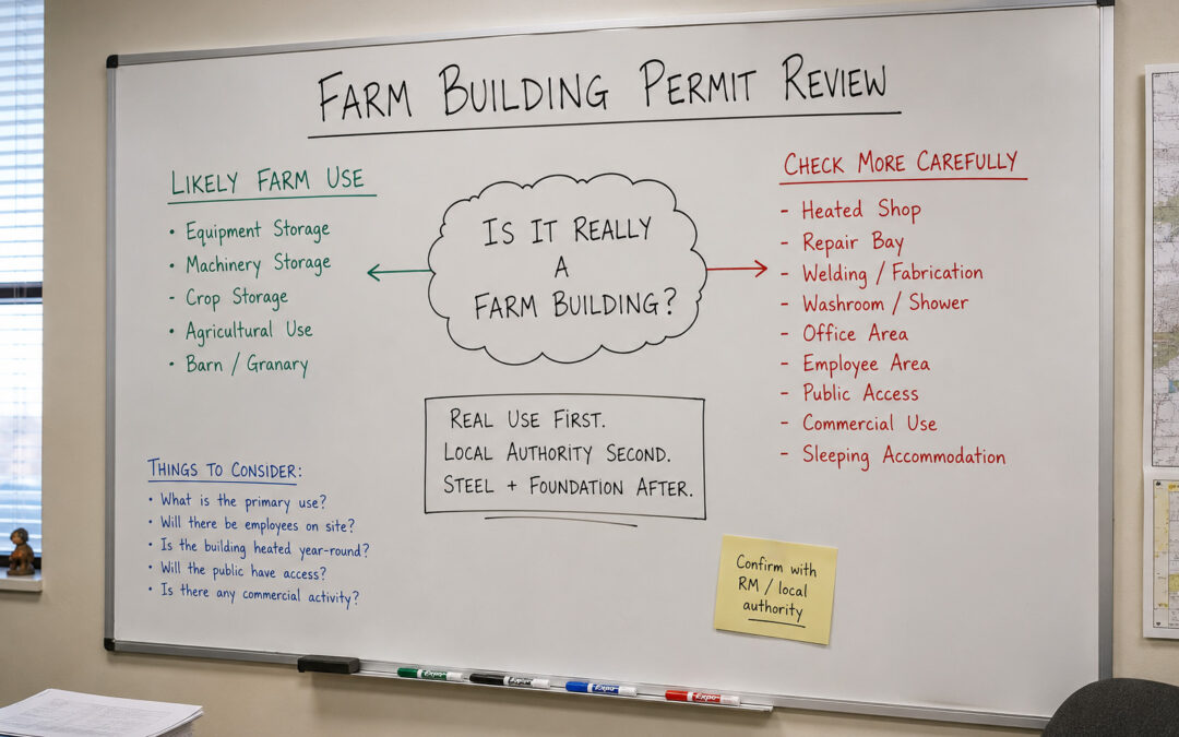 Saskatchewan farm building permit review board asking if a steel building is really farm use with shop repair office public access and sleeping accommodation checks