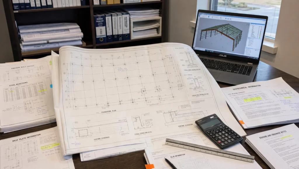 New Brunswick steel building foundation drawings with steel reactions anchor bolt layout soil frost drainage and concrete coordination