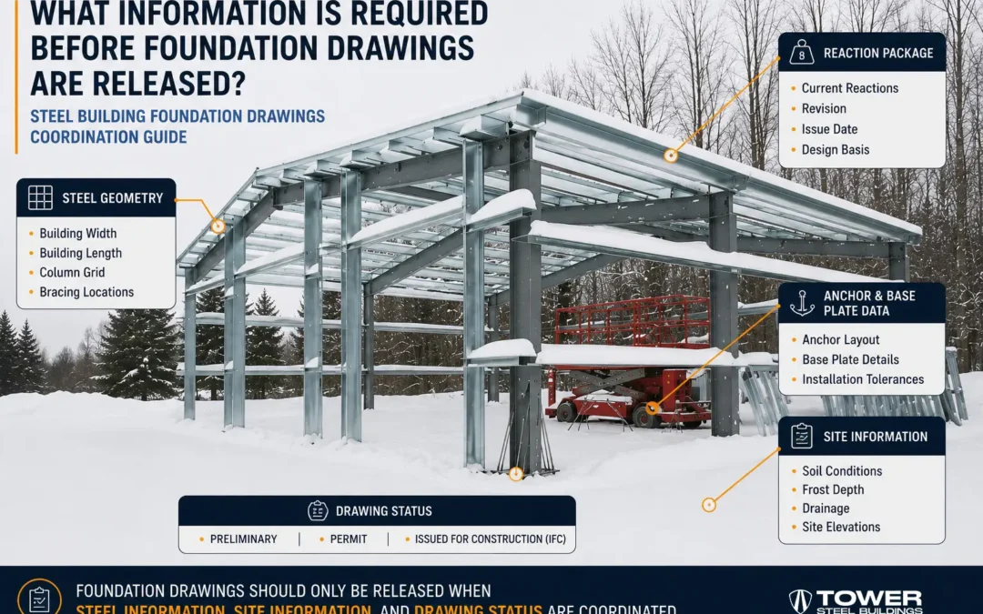 PEI steel building foundation inputs showing reactions anchors geometry soil frost drainage and drawing status