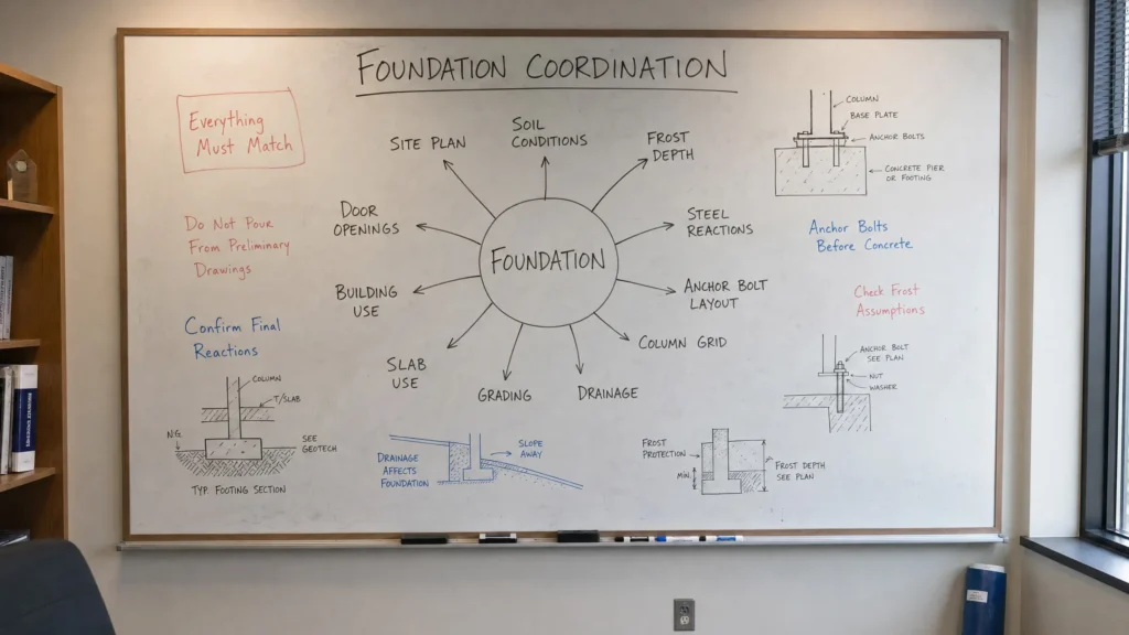 Saskatchewan steel building foundation coordination board with reactions anchor bolts soil frost drainage and site plan