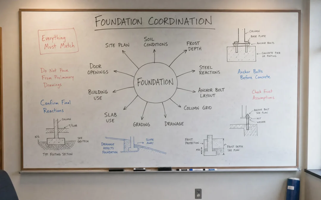 Saskatchewan steel building foundation coordination board with reactions anchor bolts soil frost drainage and site plan