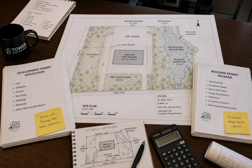 PEI steel building permit application with PID site plan development permit building permit wetland buffer and setback review
