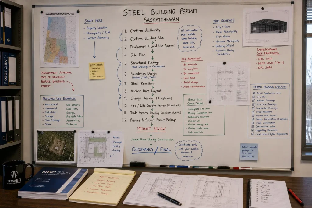 Saskatchewan steel building permit application process with local authority site plan reactions foundation anchors and checklist