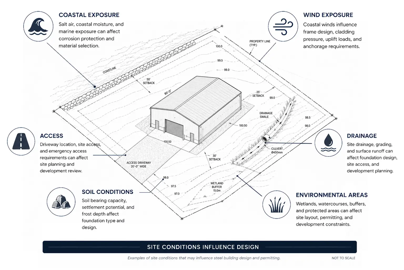 PEI steel building site conditions diagram showing coastal exposure, wind exposure, access, soil conditions, drainage, wetland buffer, environmental areas, and foundation design factors