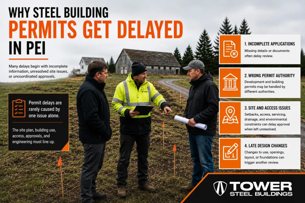 PEI steel building permit delays caused by incomplete applications wrong permit routing site issues and late design changes