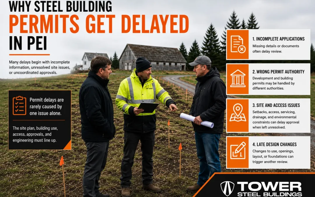 PEI steel building permit delays caused by incomplete applications wrong permit routing site issues and late design changes
